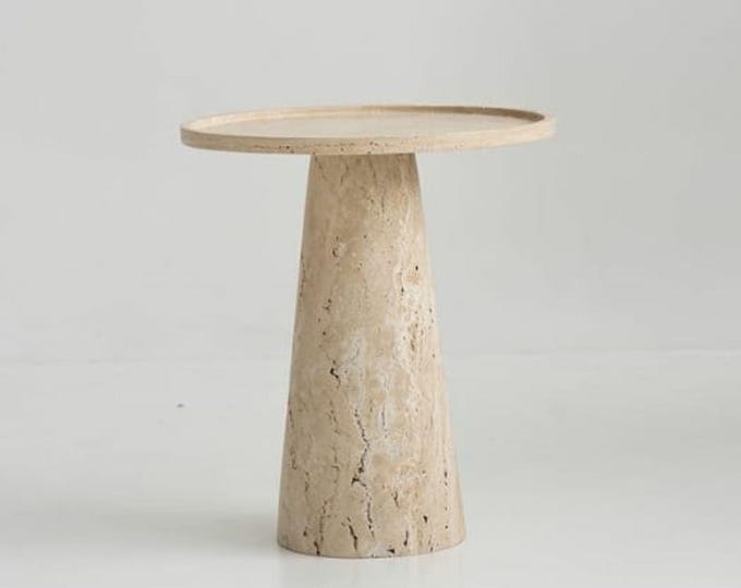 Handcrafted Travertine Pedestal Side Table: Modern Cone Base Accent Table