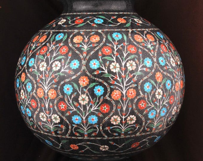12 Inches Handcrafted Black Marble Vase with Floral Inlay Design