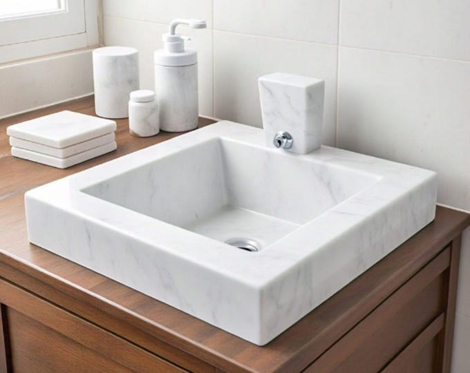 White Marble Square Washbasin: Minimalist Bathroom Sink