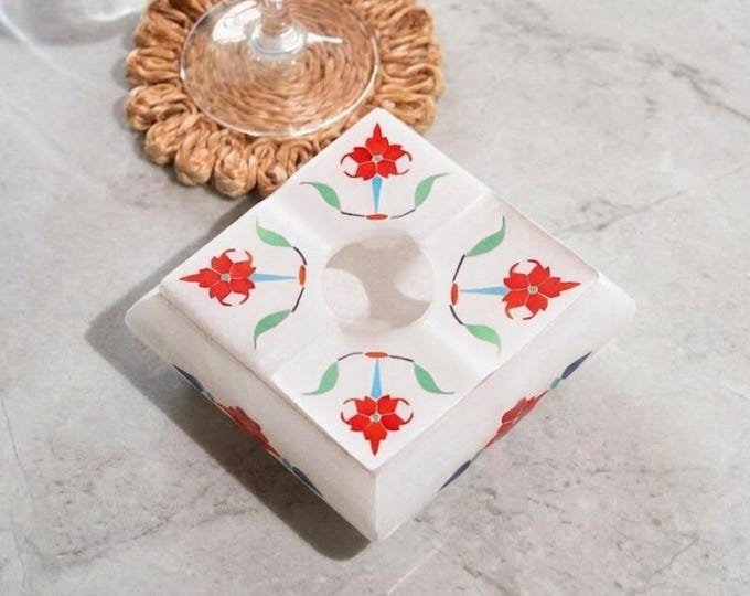 Marble Inlay Ashtray, Pietra Dura Semi-Precious Stone Floral Design