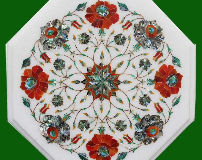 Marble Table Top Semi Precious Stone Inlay Handmade Pietra Dura Art Home Furniture
