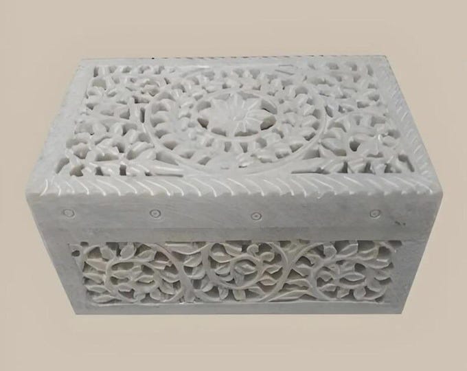 Hand Carved Soapstone Box – White Jewelry Box