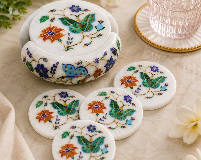 Marble Coaster Set Handmade Butterfly Design Semi Precious Stone Pietra Dura Work Inlay