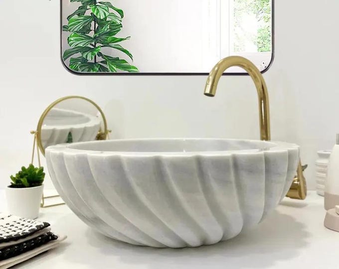 White Marble Shell Sink – Hand Carved Stone Vessel Basin