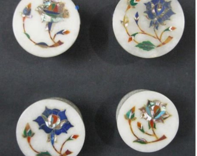2.5 Inches Round Shape White Marble Trinket Box Floral Pattern Inlay Work Pin Box for Sisters Birthday Set of 4 Pieces