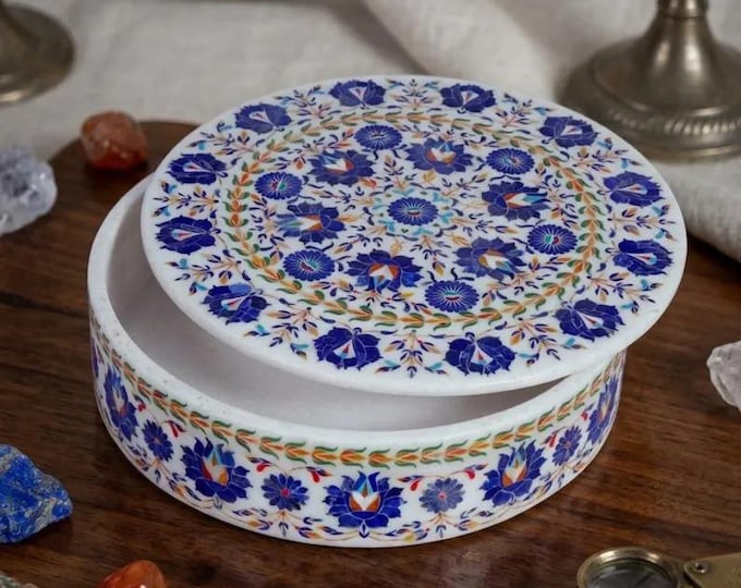 Marble Inlay Jewelry Box | Pietra Dura Floral Trinket Box