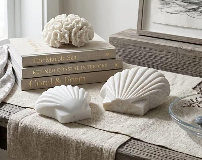 Coastal Marble Shell Decor Set, Beach House Table Decor