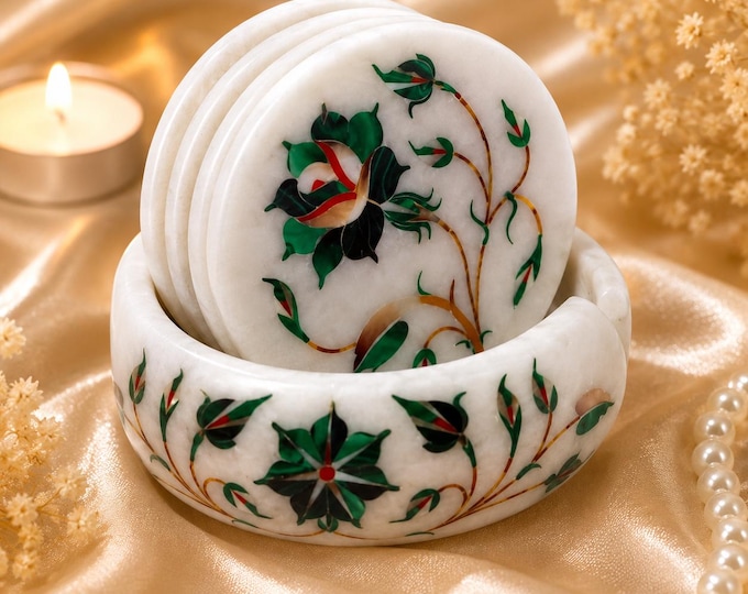 Handcrafted Marble Floral Coaster Set with Holder, Elegant Home Decor Gift