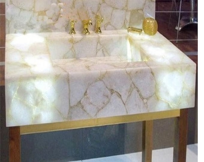 White Agate Stone Sink: Rectangle Geode Wash Basin