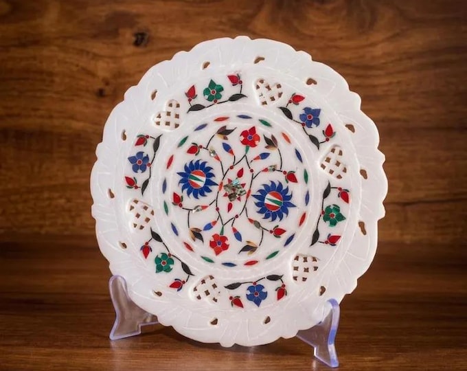 Handmade Marble Inlay Plate, Pietra Dura Floral Art
