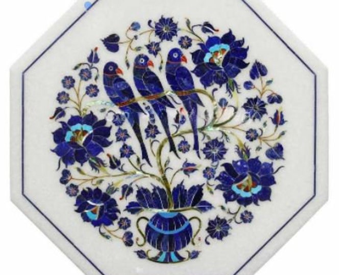 21 x 21 Inches Marble Corner End Table Top Lapis Lazuli Inlay Semi Precious Stones Pietra Dura Handmade Home Room Decor