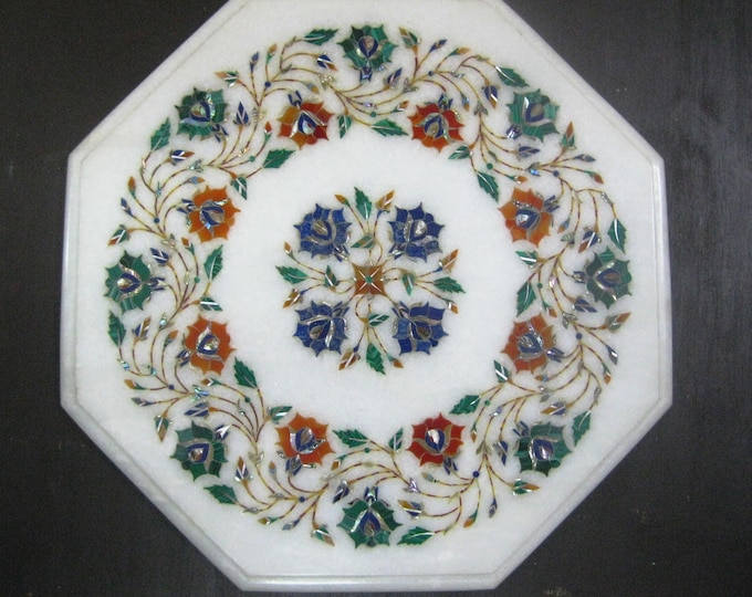 15" marble side table floral lapis semi precious handicraft Inlay work decor