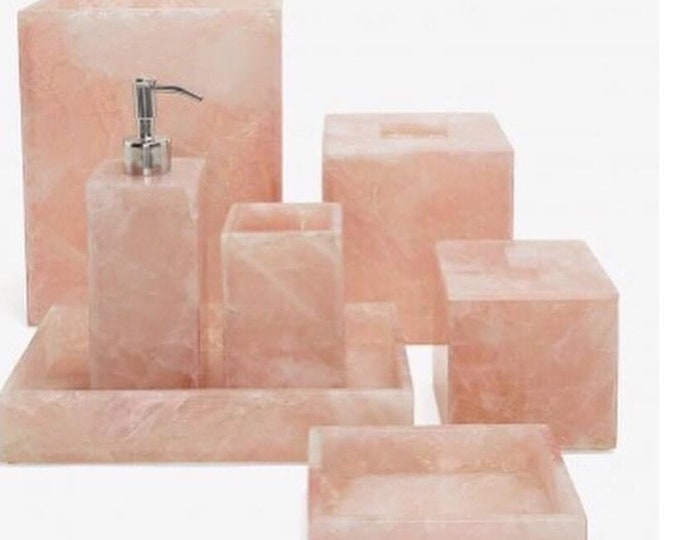 Handmade Rose Quartz Bathroom Accessories Set: Luxury Vanity Decor
