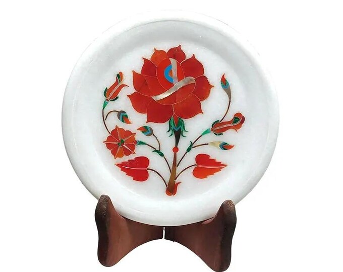 Round Marble Inlay Plate | Handmade Floral Stone Art | Indian Pietra Dura Home Decor