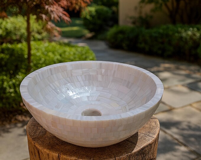 Mother of Pearl Mosaic Vessel Sink | Handmade Round Bathroom Wash Basin