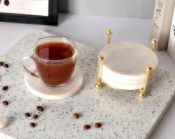 White Marble Coaster Set with Gold Holder