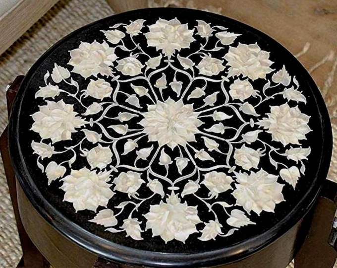 Handmade Black Marble Coffee Table Top: Mother of Pearl Inlay