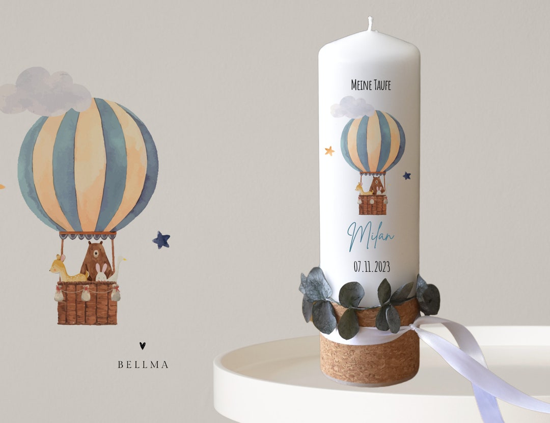 Baptismal Candle Hot Air Balloon With Dried Flower Wreath Etsy