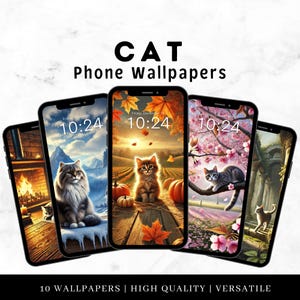 Puede incluir: Diez fondos de pantalla para tel&eacute;fono con lindos gatos en diferentes entornos. Los fondos de pantalla incluyen un gato en un bosque nevado, un gato en un campo de calabazas, un gato en un &aacute;rbol de cerezo en flor y un gato en un arco de piedra.