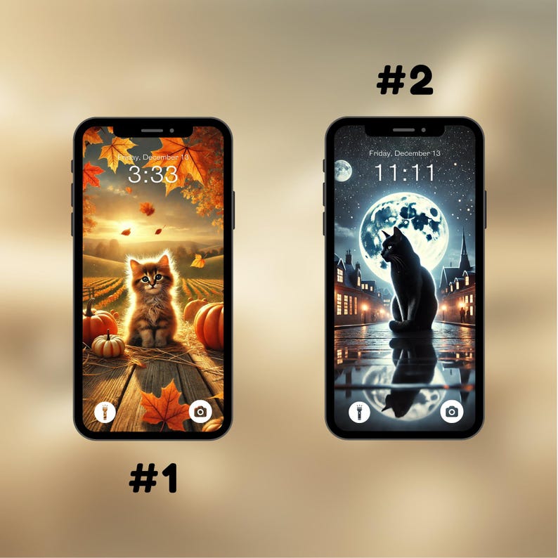 Puede incluir: Dos maquetas de pantalla de tel&eacute;fono con fondos diferentes. El primer tel&eacute;fono muestra un lindo gatito sentado en una superficie de madera con calabazas y hojas de oto&ntilde;o. El segundo tel&eacute;fono muestra un gato negro sentado frente a un paisaje urbano iluminado por la luna.