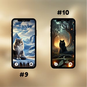 Puede incluir: Dos im&aacute;genes de pantallas de tel&eacute;fono con fondos diferentes. La primera imagen muestra un gato esponjoso sentado en un paisaje monta&ntilde;oso nevado. La segunda imagen muestra un gato negro sentado en un bosque oscuro con luces brillantes.