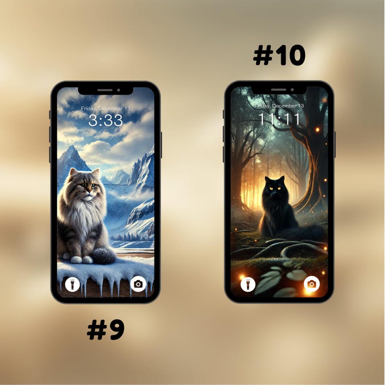 Puede incluir: Dos im&aacute;genes de pantallas de tel&eacute;fono con fondos diferentes. La primera imagen muestra un gato esponjoso sentado en un paisaje monta&ntilde;oso nevado. La segunda imagen muestra un gato negro sentado en un bosque oscuro con luces brillantes.