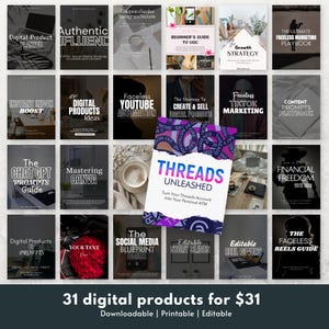 K&ouml;nnte beinhalten: Eine Collage aus 31 digitalen Produktcovern mit Titeln wie "Digital Product Planner", "Authentic Influenc", "Faceless YouTube Automation", "The ChatGPT Prompts Guide", "Threads Unleashed", "The Social Media Blueprint", "Editable Story Slides" und "The Faceless Reels Guide". Die Produkte sind in einem dunklen Farbschema mit wei&szlig;em Text gestaltet und in einem Raster angeordnet.