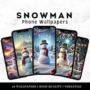 Puede incluir: Diez fondos de pantalla para tel&eacute;fono que presentan un mu&ntilde;eco de nieve en una escena de invierno. Los fondos de pantalla tienen un reloj digital que muestra "10:24" y el texto "Viernes, 13 de diciembre".