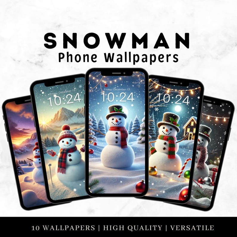 Puede incluir: Diez fondos de pantalla para tel&eacute;fono que presentan un mu&ntilde;eco de nieve en una escena de invierno. Los fondos de pantalla tienen un reloj digital que muestra "10:24" y el texto "Viernes, 13 de diciembre".