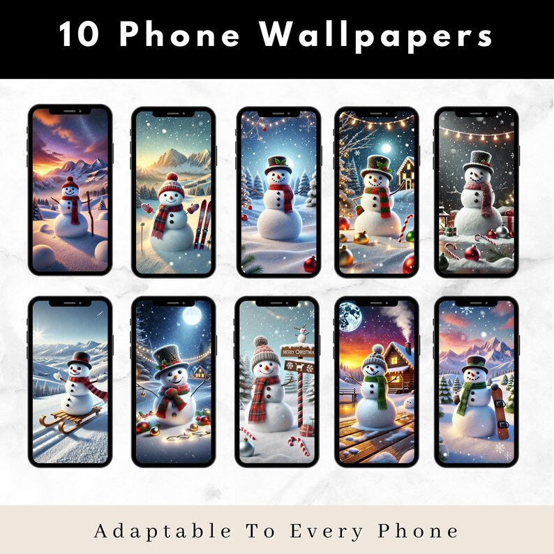 Puede incluir: Diez fondos de pantalla para tel&eacute;fono con un mu&ntilde;eco de nieve en un entorno de invierno. Cada fondo de pantalla tiene un fondo y un dise&ntilde;o diferentes, incluyendo un bosque nevado, una caba&ntilde;a y una cordillera. Los mu&ntilde;ecos de nieve llevan todos sombreros y bufandas, y algunos sostienen &aacute;rboles de Navidad o bastones de caramelo.