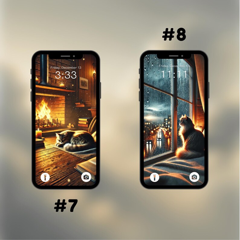 Puede incluir: Dos maquetas de iPhone con fondos diferentes. La primera muestra un gato durmiendo frente a una chimenea con la hora 3:33 en la pantalla. La segunda muestra un gato mirando por una ventana con lluvia cayendo y la hora 11:11 en la pantalla.