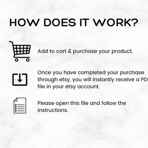 May include: A diagram explaining how to purchase and download a digital product on Etsy. The diagram shows a shopping cart icon, a download icon, and a document icon. The text explains that after purchasing the product, a PDF file will be instantly available in the buyer's Etsy account.