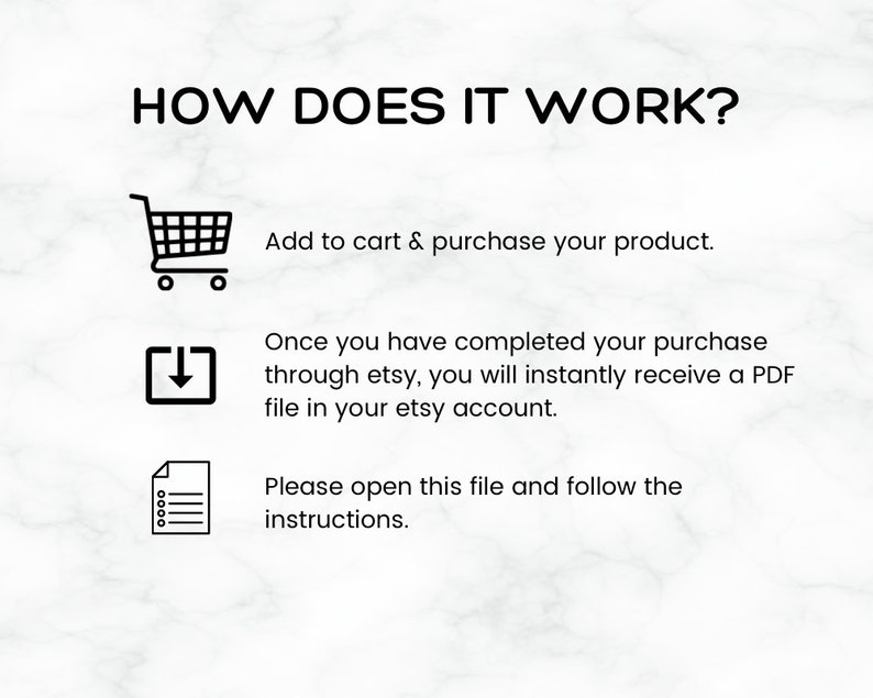May include: A diagram explaining how to purchase and download a digital product on Etsy. The diagram shows a shopping cart icon, a download icon, and a document icon. The text explains that after purchasing the product, a PDF file will be instantly available in the buyer's Etsy account.