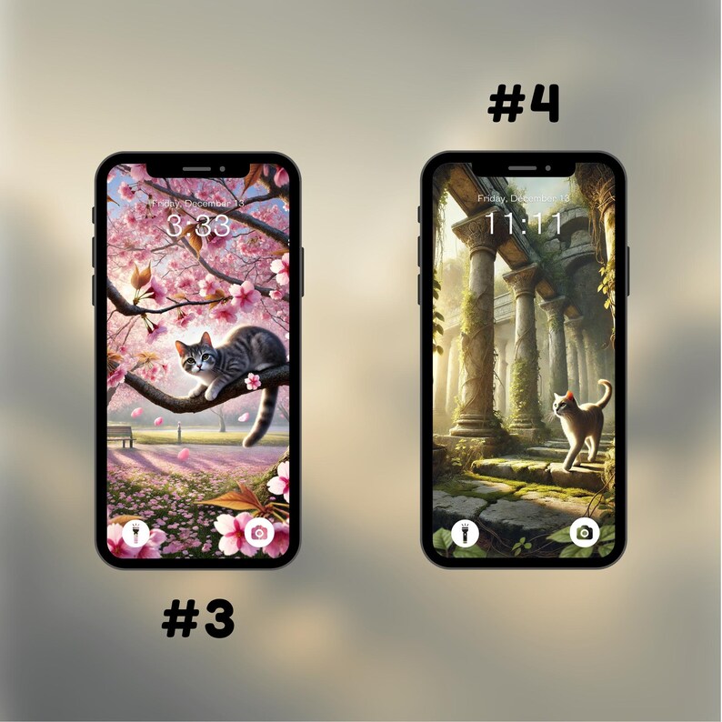 Puede incluir: Dos maquetas de pantalla de tel&eacute;fono con fondos diferentes. El primer tel&eacute;fono muestra un gato sentado en una rama de un cerezo en flor rosa. El segundo tel&eacute;fono muestra un gato caminando por un camino de piedra en un arco de piedra.