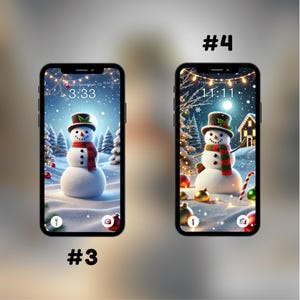 Puede incluir: Dos im&aacute;genes de una pantalla de tel&eacute;fono inteligente que muestra un fondo de pantalla con tem&aacute;tica navide&ntilde;a de invierno. El fondo de pantalla presenta un mu&ntilde;eco de nieve con una bufanda roja y un sombrero de copa negro de pie en una escena nevada con una luna y estrellas en el fondo. La hora que se muestra en la pantalla es 3:33 en la primera imagen y 11:11 en la segunda imagen.