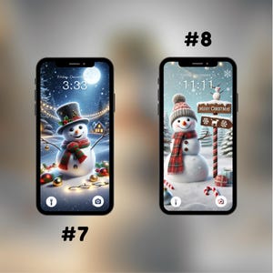 Puede incluir: Dos maquetas de pantalla de tel&eacute;fono con un tema navide&ntilde;o de invierno. El tel&eacute;fono de la izquierda muestra un mu&ntilde;eco de nieve con un sombrero de copa negro y una bufanda roja en una escena nevada con luces navide&ntilde;as. El tel&eacute;fono de la derecha muestra un mu&ntilde;eco de nieve con una bufanda de cuadros rojos y negros de pie frente a un cartel que dice "Feliz Navidad".