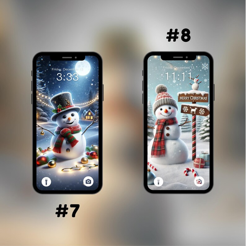Puede incluir: Dos maquetas de pantalla de tel&eacute;fono con un tema navide&ntilde;o de invierno. El tel&eacute;fono de la izquierda muestra un mu&ntilde;eco de nieve con un sombrero de copa negro y una bufanda roja en una escena nevada con luces navide&ntilde;as. El tel&eacute;fono de la derecha muestra un mu&ntilde;eco de nieve con una bufanda de cuadros rojos y negros de pie frente a un cartel que dice "Feliz Navidad".