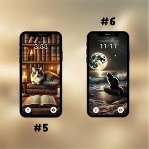 Puede incluir: Dos maquetas de pantalla de tel&eacute;fono con fondos diferentes. El tel&eacute;fono de la izquierda muestra un gato sentado en una pila de libros en un entorno de biblioteca con velas y un libro abierto sobre la mesa. La hora que se muestra en la pantalla del tel&eacute;fono es 3:33. El tel&eacute;fono de la derecha muestra un gato sentado en una roca con vistas a una playa con luna llena en el cielo. La hora que se muestra en la pantalla del tel&eacute;fono es 11:11.