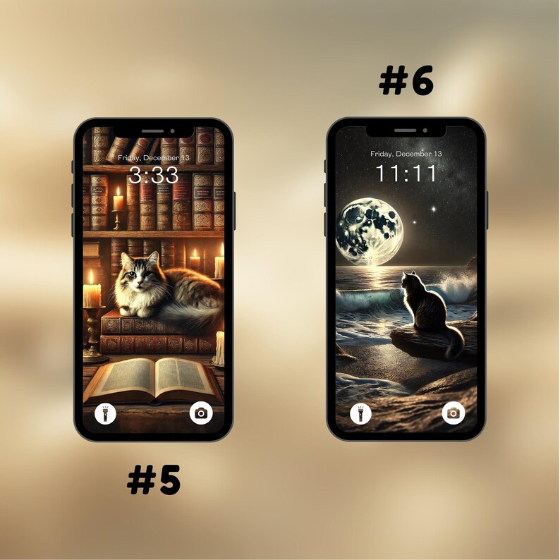 Puede incluir: Dos maquetas de pantalla de tel&eacute;fono con fondos diferentes. El tel&eacute;fono de la izquierda muestra un gato sentado en una pila de libros en un entorno de biblioteca con velas y un libro abierto sobre la mesa. La hora que se muestra en la pantalla del tel&eacute;fono es 3:33. El tel&eacute;fono de la derecha muestra un gato sentado en una roca con vistas a una playa con luna llena en el cielo. La hora que se muestra en la pantalla del tel&eacute;fono es 11:11.