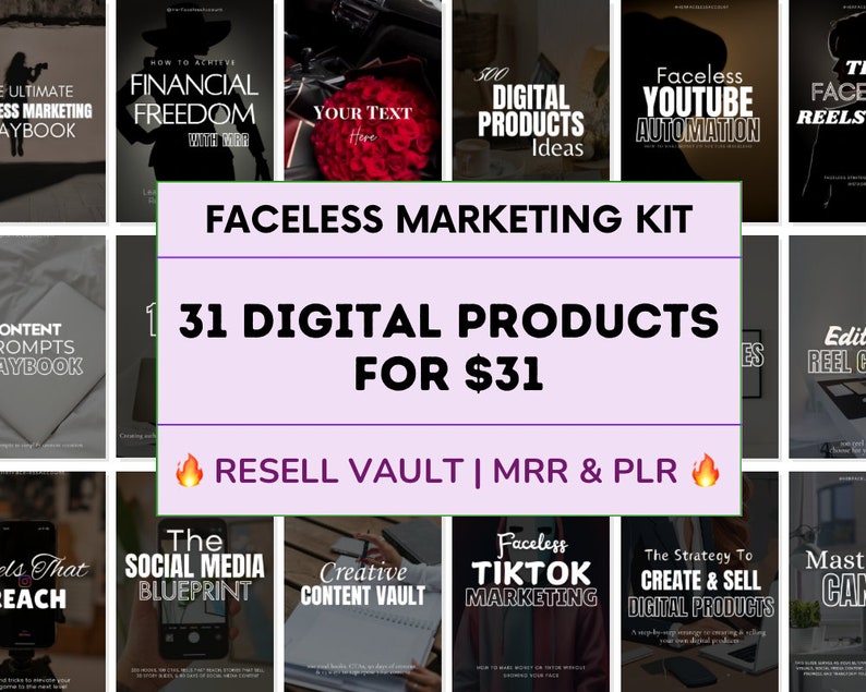 K&ouml;nnte beinhalten: Eine Collage aus 31 digitalen Produktcovern mit Titeln wie "Finanzielle Freiheit", "Gesichtsloses YouTube-Automatisierung" und "Der Social-Media-Blaupause". Der Text "Faceless Marketing Kit" und "31 digitale Produkte f&uuml;r 31 &euro;" wird in einem lilafarbenen Kasten angezeigt. Der Text "Resell Vault | MRR & PLR" wird in einem roten Kasten mit einem Flammensymbol angezeigt.