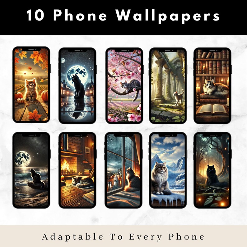 Puede incluir: Diez fondos de pantalla para tel&eacute;fono con gatos en diferentes entornos. Los fondos de pantalla incluyen un gato en un bosque, un gato leyendo un libro, un gato en un paisaje nevado, un gato en una ventana, un gato en un campo de flores, un gato en una biblioteca, un gato en una habitaci&oacute;n con una chimenea, un gato en una playa, un gato en una habitaci&oacute;n con una ventana y un gato en una habitaci&oacute;n con una estanter&iacute;a.