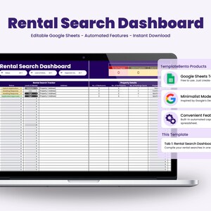 Könnte beinhalten: Ein Laptop-Computer, auf dem eine Google Sheets-Spreadsheet-Vorlage zur Verfolgung von Mietsuchanfragen angezeigt wird. Die Vorlage hat ein lila-weißes Farbschema und enthält Spalten für den Status, das Interesse, die Adresse der Immobilie, die Anzahl der Schlafzimmer und weitere Details. Die Vorlage trägt den Titel "Mietsuch-Dashboard" und ist Teil einer Produktsuite namens "TemplateBento Products".