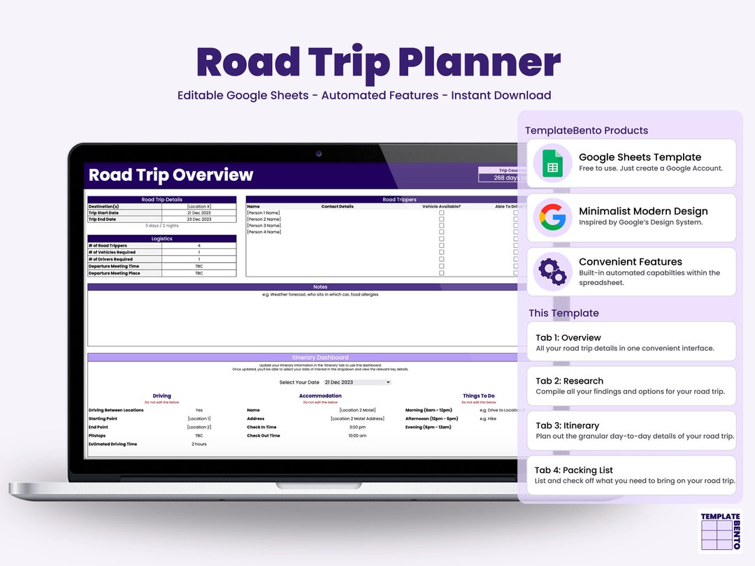Road Trip Planner Template in Google Sheets, Editable and Customisable Road Trip Planner Template in Google Sheets, Editable and Customisable