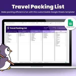 Travel Packing List on Google Sheets with Penguins, Automated, Editable and Printable Travel Planner