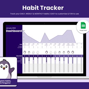 Habit Tracker on Google Sheets with Penguin, Habit Tracker Template, Daily, Weekly, Monthly Tracker, Digital Goal Tracker