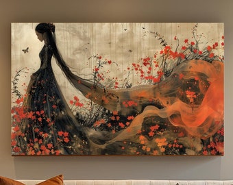 Elegant Indigenous Woman Surrounded by Nature&#39;s Blooming Fire, High Gloss Poster Art, Unique Native-Inspired Art Print, Ethereal Decor