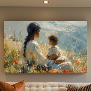 Native American Mother and Child Canvas Gallery Wrap, Impressionism Art