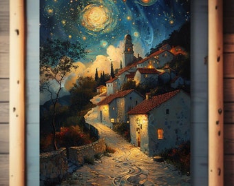 Enchanted Village Under Starry Sky Canvas – Dreamlike Impressionism Wall Art
