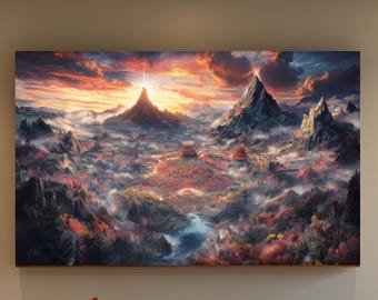Enchanted Eastern Valley Canvas | Vibrant Sunset Temples & Mystical Mountains | Spiritual Landscape Decor | Canvas