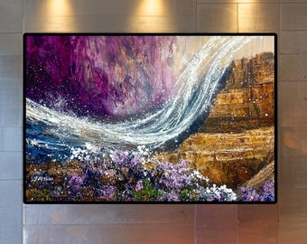 Majestic Waterfall Canvas Art | Abstract Purple Gold Nature Scene